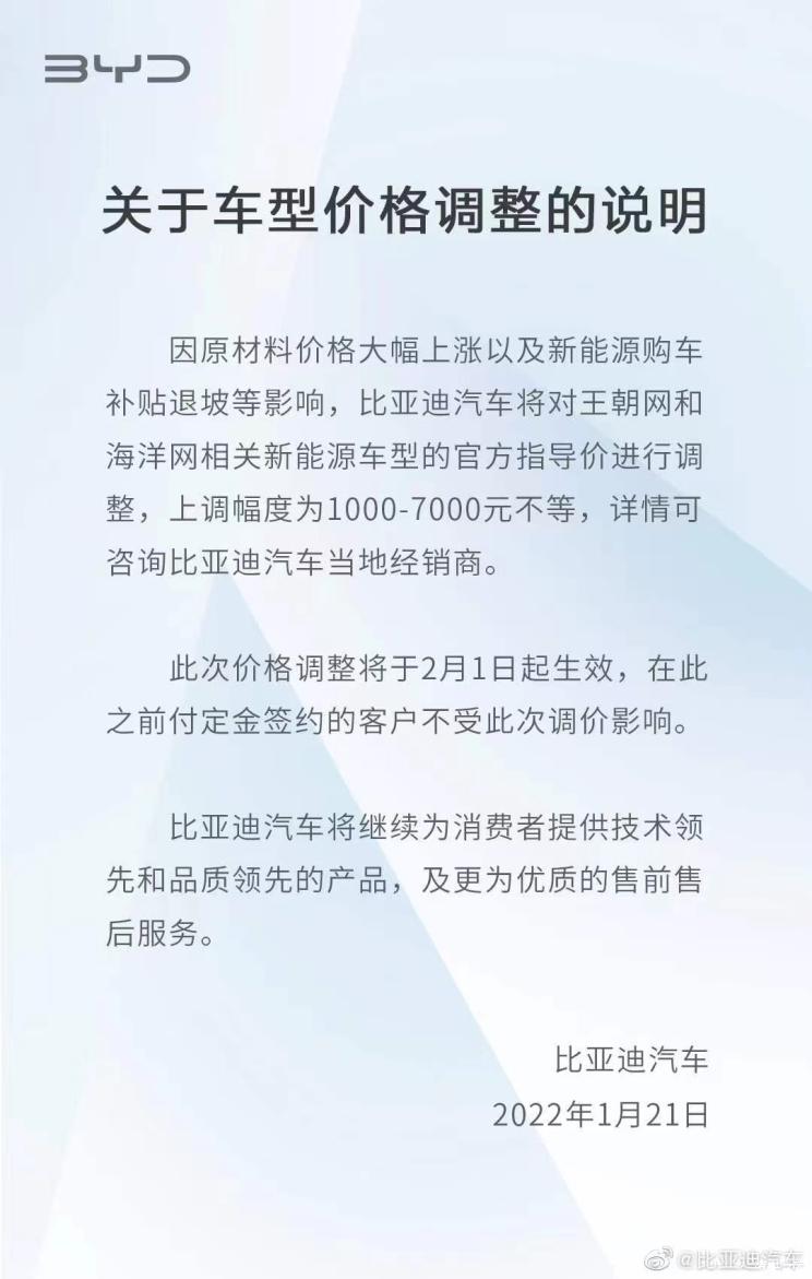 2月1日起生效 比亚迪车型价格将调整